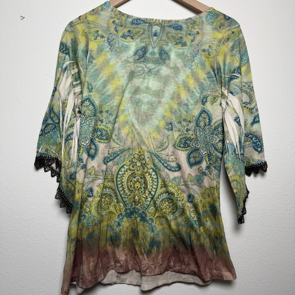 One World Women Forest Fairy Top XL Green Paisley Lace Flare Sleeve V-Neck Gobli - Picture 9 of 11